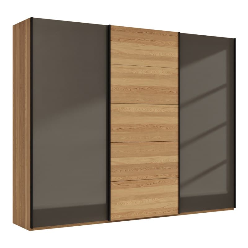 Schwebetürenschrank Lenoso - B. ca. 300 cm, Eiche massiv, Glas Dunkelbraun