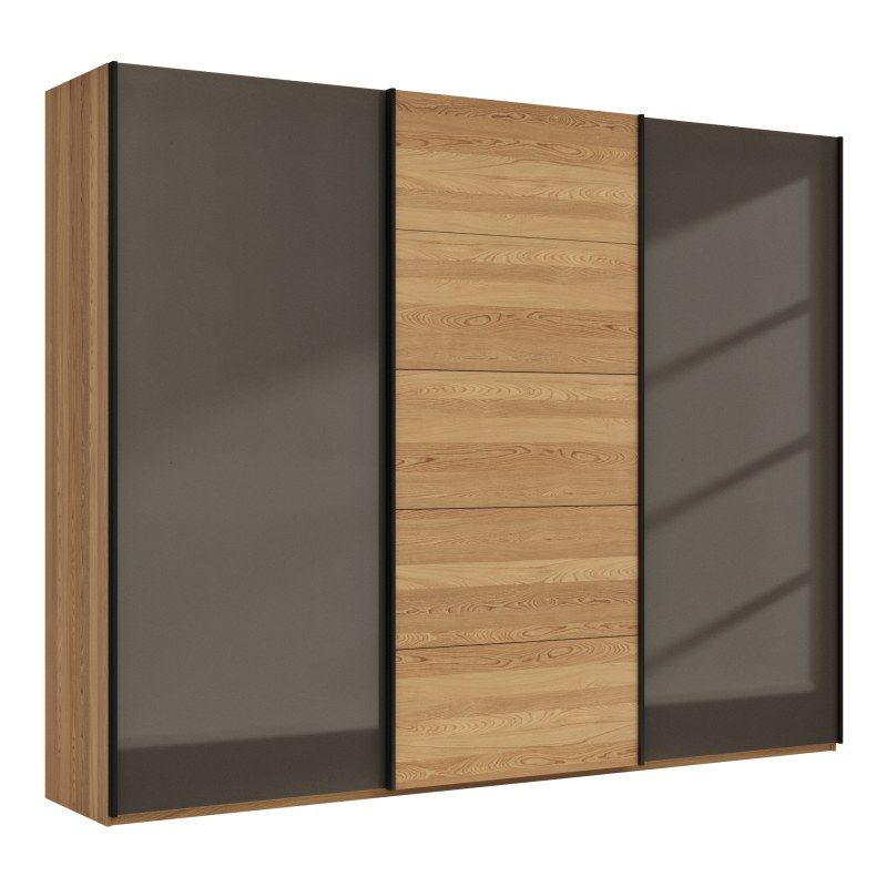Schwebetürenschrank Lenoso - B. ca. 300 cm, Eiche massiv, Glas Dunkelbraun
