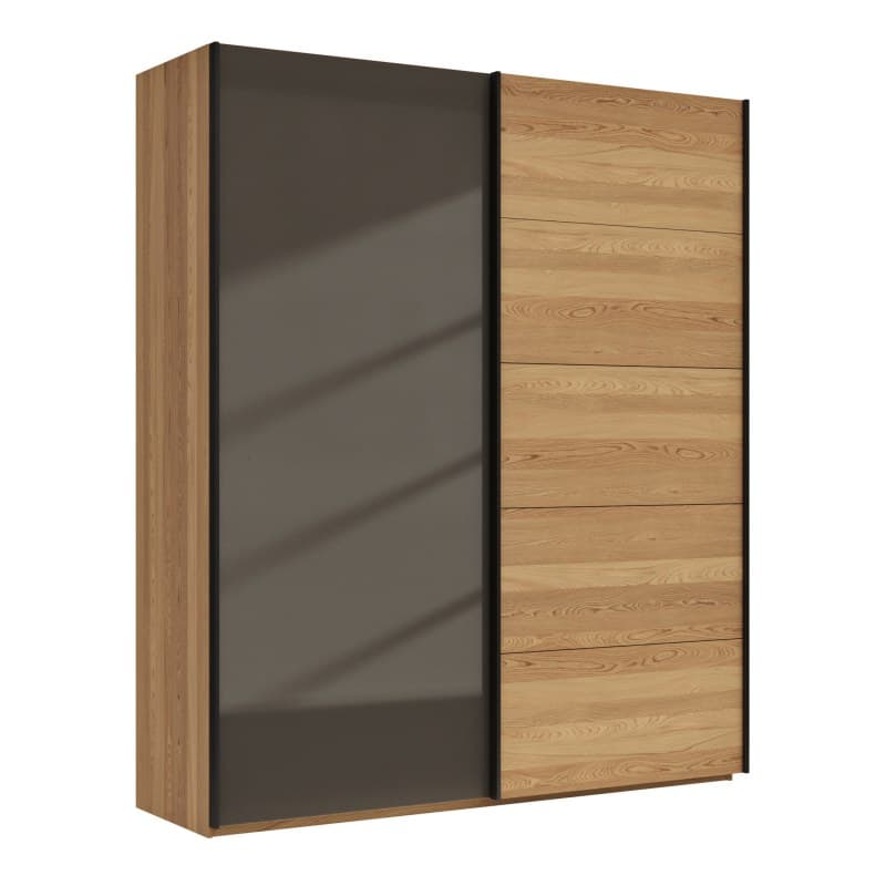 Schwebetürenschrank Lenoso - B. ca. 200 cm, Eiche massiv, Glas Dunkelbraun