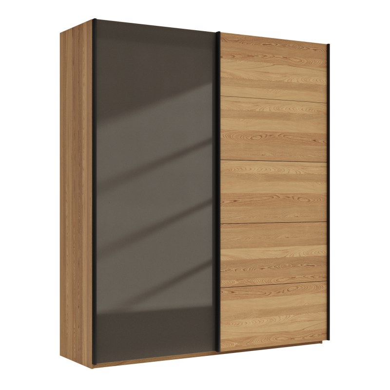 Schwebetürenschrank Lenoso - B. ca. 200 cm, Eiche massiv, Glas Dunkelbraun