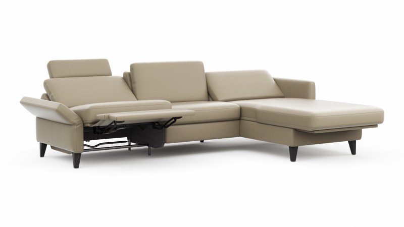 Ecksofa Arima N - 2,5-Sitzer mit Longchair rechts inkl. Relaxfunktion und Kopfstütze motorisch, Leder, Champagner