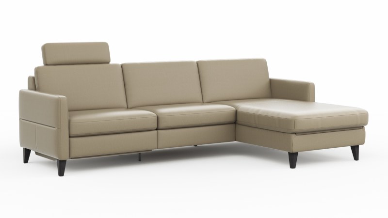 Ecksofa Arima N - 2,5-Sitzer mit Longchair rechts inkl. Relaxfunktion und Kopfstütze motorisch, Leder, Champagner
