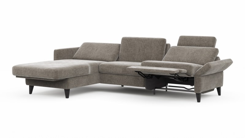 Ecksofa Arima N - Longchair mit 2,5-Sitzer rechts inkl. Relaxfunktion und Kopfstütze motorisch, Stoff, Mocca