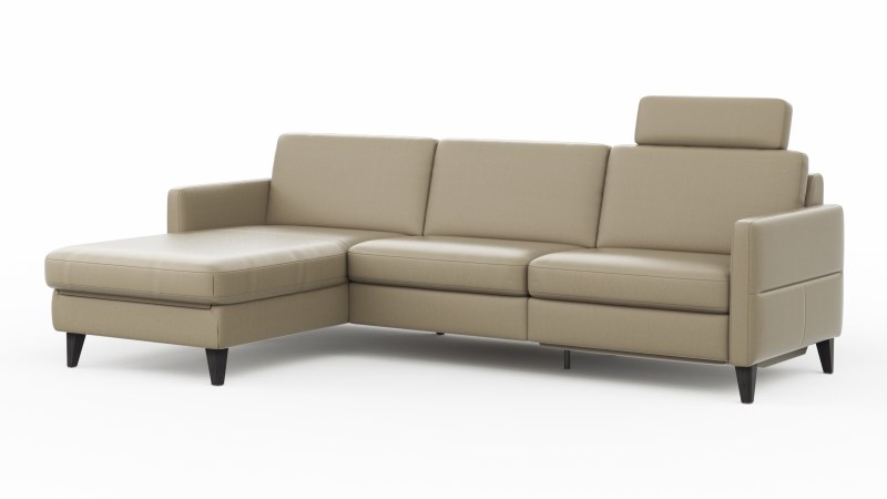 Ecksofa Arima N - Longchair mit 2,5-Sitzer rechts inkl. Relaxfunktion und Kopfstütze motorisch, Leder, Champagner
