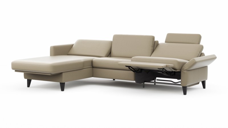 Ecksofa Arima N - Longchair mit 2,5-Sitzer rechts inkl. Relaxfunktion und Kopfstütze motorisch, Leder, Champagner