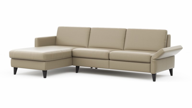 Ecksofa Arima N - Longchair mit 2,5-Sitzer rechts inkl. Kopfteil verstellbar, Leder, Champagner