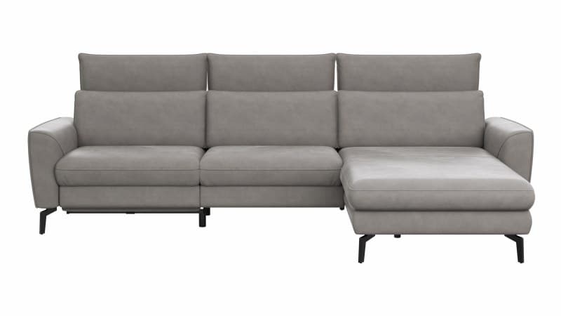 Ecksofa Avela - 2,5-Sitzer mit Longchair rechts inkl. Kopfteile verstellbar, Relaxfunktion und Longchair verstellbar (motorisch), Leder, Steingrau