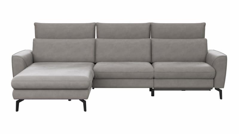 Ecksofa Avela - Longchair mit 2,5-Sitzer rechts inkl. Kopfteile, Relaxfunktion und Longchair motorisch verstellbar, Leder, Steingrau