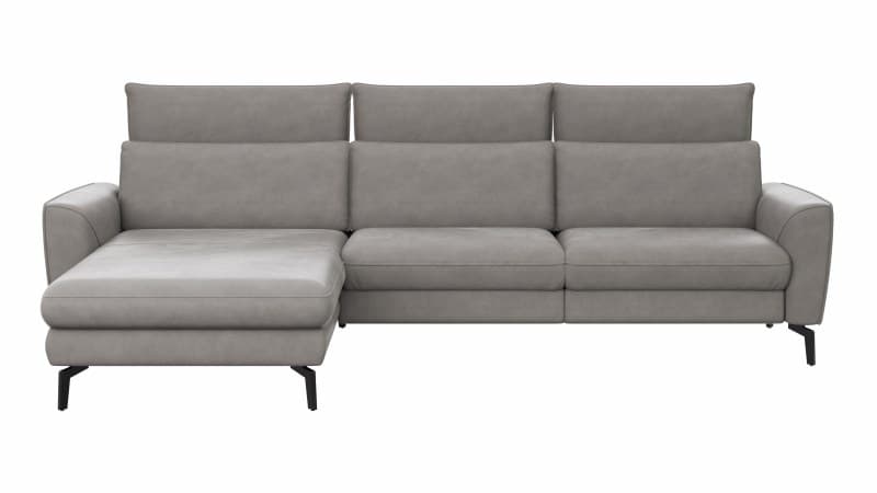 Ecksofa Avela - Longchair mit 2,5-Sitzer rechts inkl. Kopfteile verstellbar, Leder, Steingrau