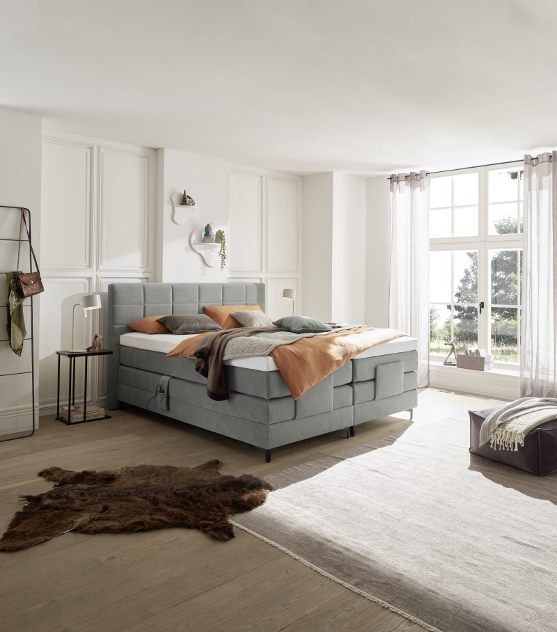 Boxspringbett EM Mirano - mit Motor, Liegefläche ca. 180x200 cm, Stoff, Grau