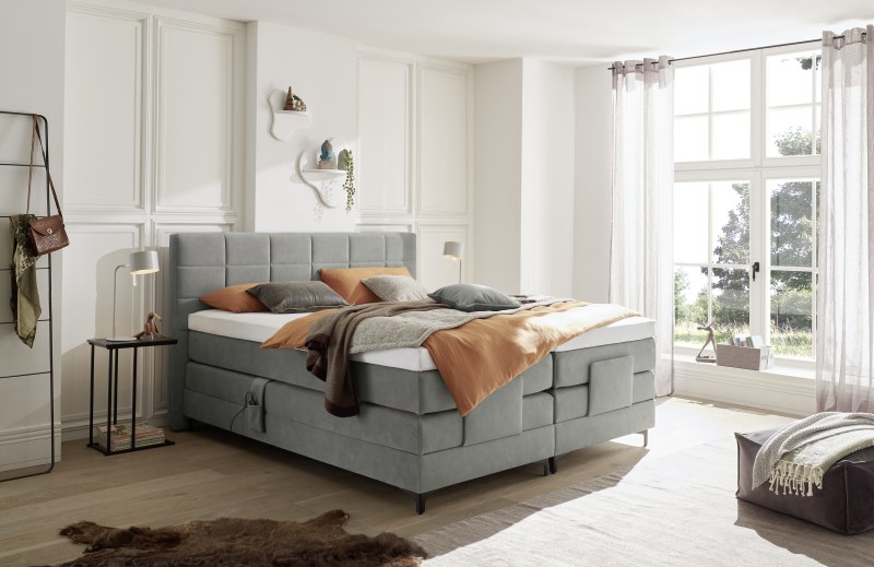 Boxspringbett EM Mirano - mit Motor, Liegefläche ca. 180x200 cm, Stoff, Grau