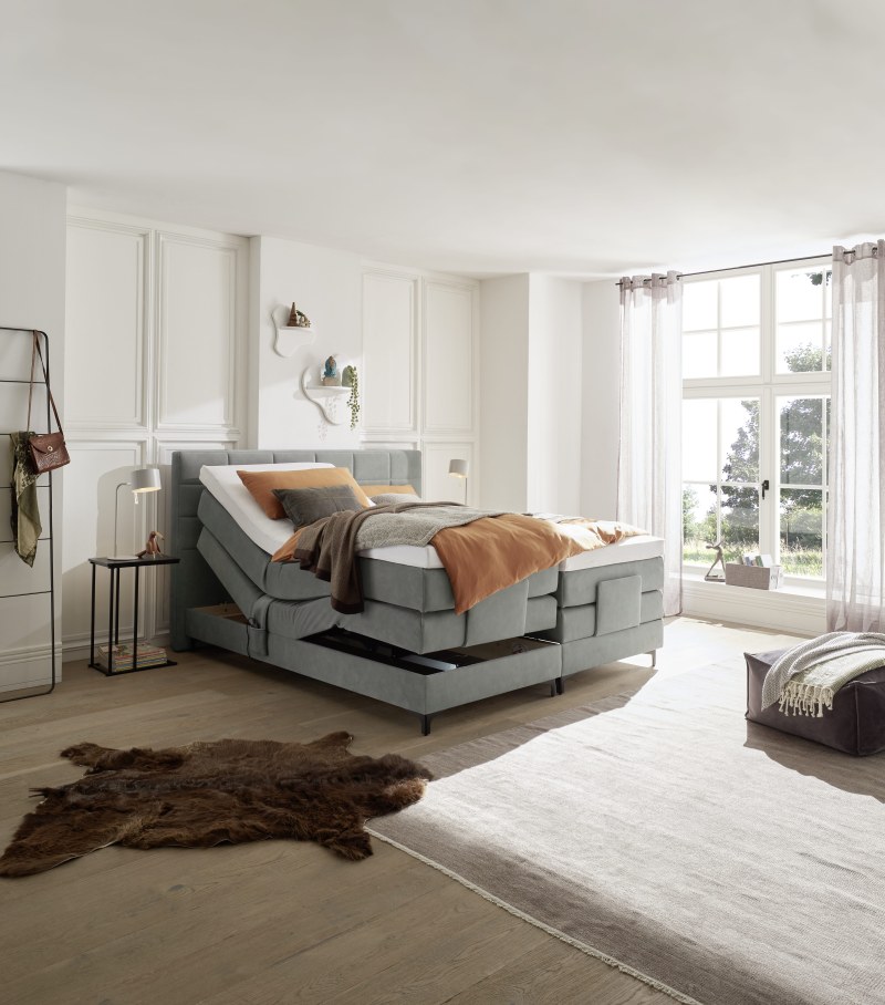 Boxspringbett EM Mirano - mit Motor, Liegefläche ca. 180x200 cm, Stoff, Grau
