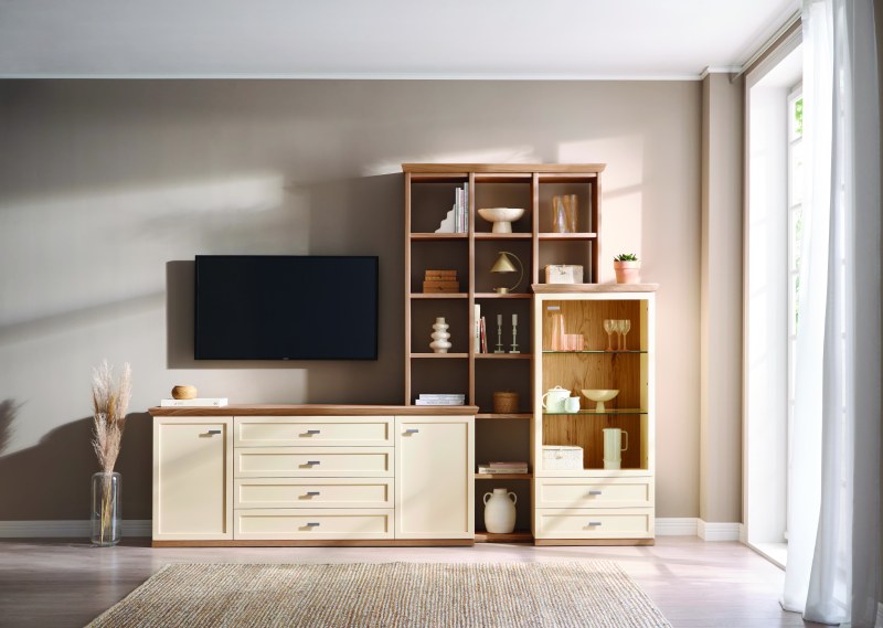 Wohnwand Monda - Lack, hellbeige, Eiche furniert