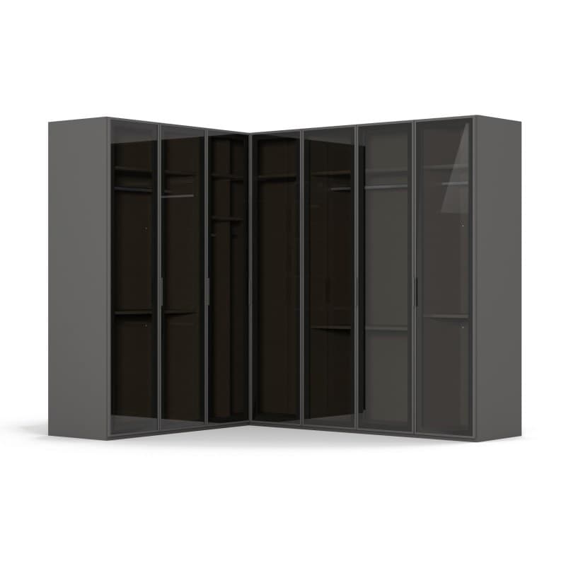 Eck-Drehtürenschrank - Schenkelmaß ca. 214x267 cm, Glasrahmentüren, Graphit