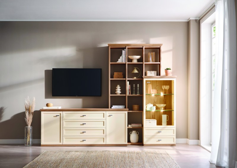 Wohnwand Monda - inkl. Beleuchtung, Lack Hellbeige, Eiche furniert