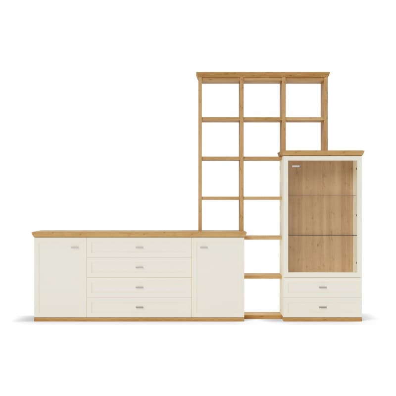 Wohnwand Monda - inkl. Beleuchtung, Lack Hellbeige, Eiche furniert