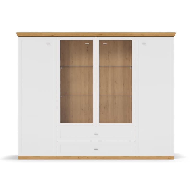 Highboard Monda - inkl. Beleuchtung, Lack Weiss, Eiche furniert