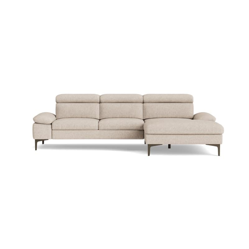 Ecksofa Felipa - 3-Sitzer mit Longchair rechts inkl. Armlehne und Kopfteil verstellbar, Stoff, Graubeige