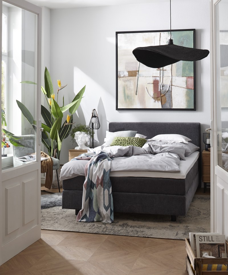 Boxspringbett Valencia - Liegefläche ca. 140x200 cm, Stoff, Anthrazit