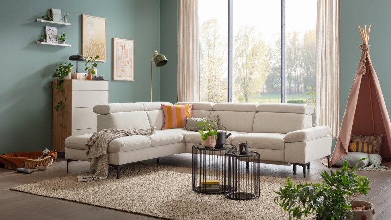 Ecksofa Felipa - Ecke links mit 2,5 -Sitzer rechts inkl. Relaxfunktion (motorisch), Sitzvorzug (motorisch) und Armlehne klappbar, Stoff, Natur
