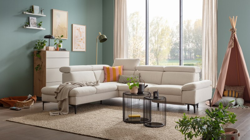 Ecksofa Felipa - Ecke links mit 2,5 -Sitzer rechts inkl. Relaxfunktion (motorisch), Sitzvorzug (motorisch) und Armlehne klappbar, Stoff, Natur