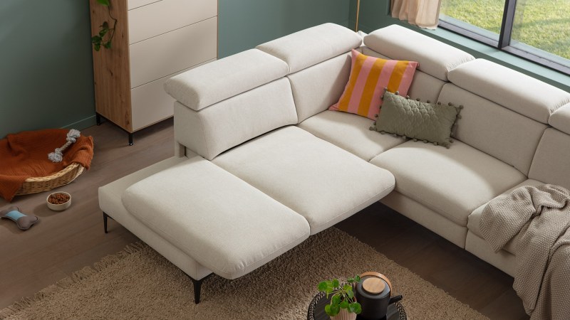 Ecksofa Felipa - Ecke links mit 2,5 -Sitzer rechts inkl. Relaxfunktion (motorisch), Sitzvorzug (motorisch) und Armlehne klappbar, Stoff, Natur