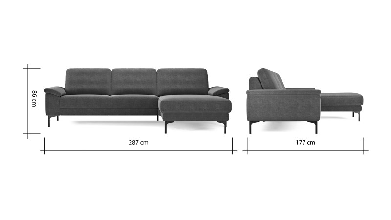 Ecksofa Anna - 2,5-Sitzer mit Longchair rechts, Relaxfunktion/Sitzvorzug motorisch, Stoff, Grau