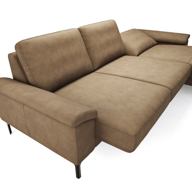 Ecksofa Anna - 2,5-Sitzer mit Longchair rechts, Relaxfunktion/Sitzvorzug motorisch, Leder, Cognac