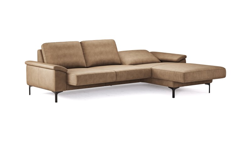 Ecksofa Anna - 2,5-Sitzer mit Longchair rechts, Relaxfunktion/Sitzvorzug motorisch, Leder, Cognac