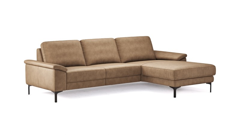 Ecksofa Anna - 2,5-Sitzer mit Longchair rechts, Relaxfunktion/Sitzvorzug motorisch, Leder, Cognac