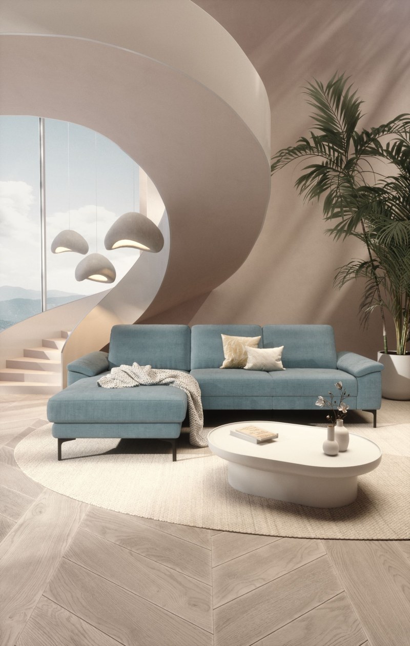 Ecksofa Anna - Longchair links mit 2,5-Sitzer, Relaxfunktion,Sitzvorzug motorisch, Stoff, Aqua