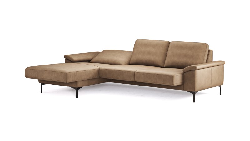 Ecksofa Anna - Longchair links mit 2,5-Sitzer, Relaxfunktion,Sitzvorzug motorisch, Leder, Cognac