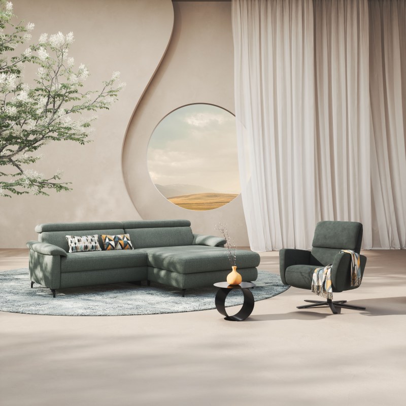 Ecksofa Paulina - 1-Sitzer mit Longchair rechts, Kopfteil verstellbar, Stoff, Khaki