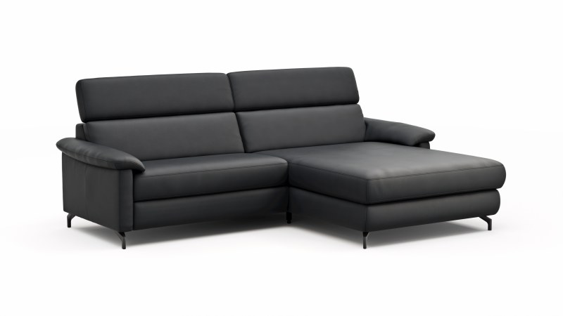 Ecksofa Paulina - 1-Sitzer mit Longchair rechts, Kopfteil verstellbar, Leder, Schwarz