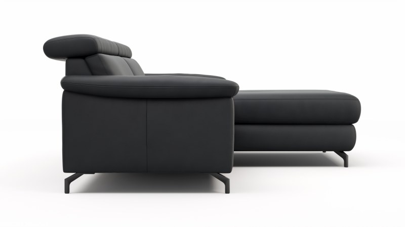 Ecksofa Paulina - 1-Sitzer mit Longchair rechts, Kopfteil verstellbar, Leder, Schwarz