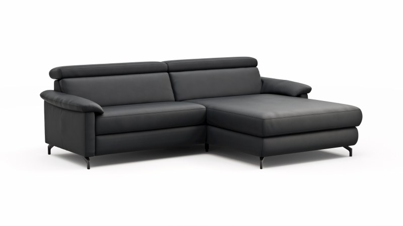 Ecksofa Paulina - 1-Sitzer mit Longchair rechts, Kopfteil verstellbar, Leder, Schwarz
