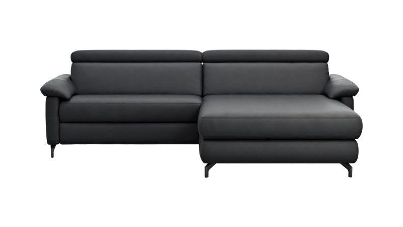 Ecksofa Paulina - 1-Sitzer mit Longchair rechts, Kopfteil verstellbar, Leder, Schwarz