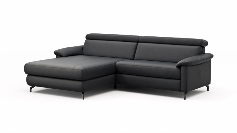 Ecksofa Paulina - Longchair links mit 1-Sitzer, Kopfteil verstellbar, Leder, Schwarz