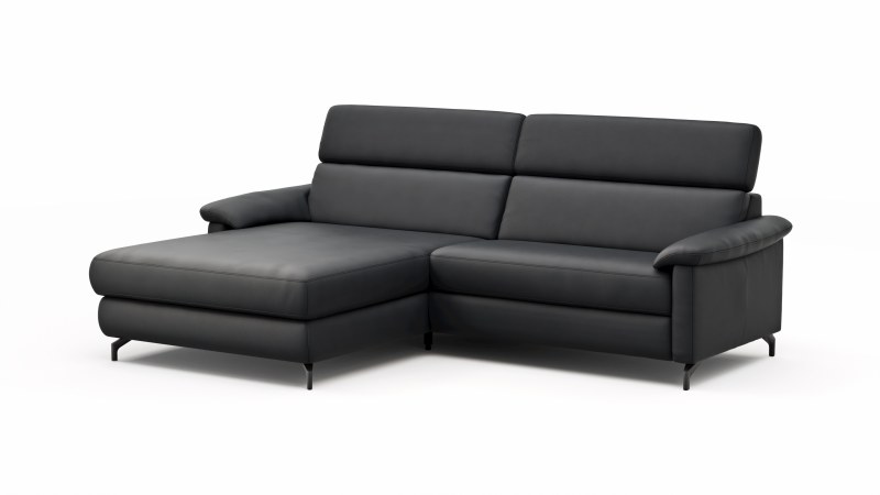 Ecksofa Paulina - Longchair links mit 1-Sitzer, Kopfteil verstellbar, Leder, Schwarz