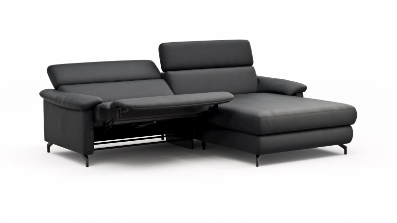 Ecksofa Paulina - 1-Sitzer mit Longchair rechts, Kopfteil verstellbar motorisch, TV-Funktion motorisch, Leder, Schwaz