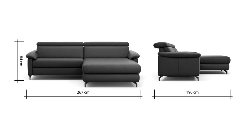 Ecksofa Paulina - 1-Sitzer mit Longchair rechts, Kopfteil verstellbar motorisch, TV-Funktion motorisch, Leder, Schwaz