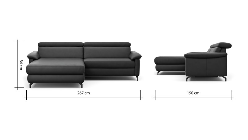 Ecksofa Paulina - Longchair links und 1-Sitzer, Kopfteil verstellbar motorisch, TV-Funktion motorisch, Leder, Schwarz