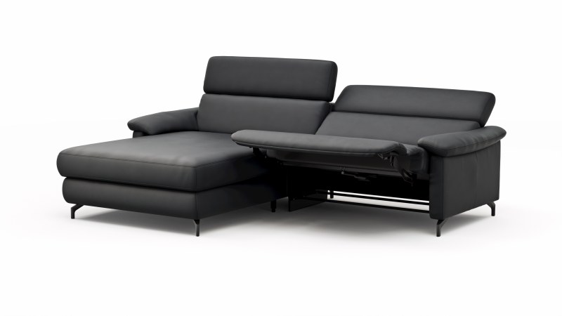 Ecksofa Paulina - Longchair links und 1-Sitzer, Kopfteil verstellbar motorisch, TV-Funktion motorisch, Leder, Schwarz