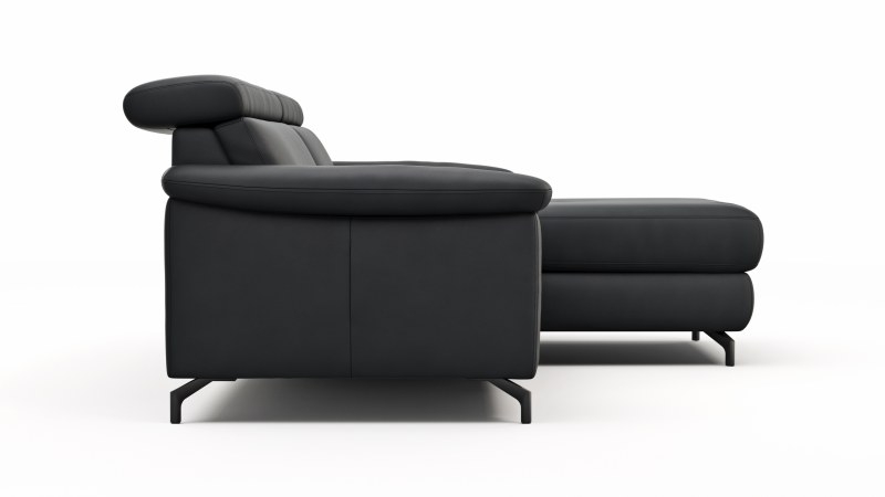 Ecksofa Paulina - 1-Sitzer mit Longchair rechts, Kopfteil verstellbar, Leder, Schwarz