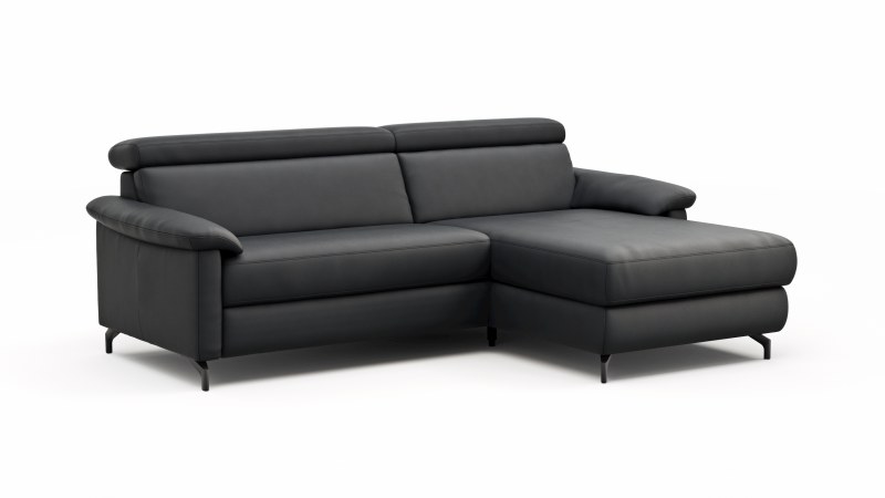 Ecksofa Paulina - 1-Sitzer mit Longchair rechts, Kopfteil verstellbar, Leder, Schwarz