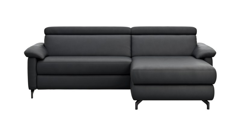 Ecksofa Paulina - 1-Sitzer mit Longchair rechts, Kopfteil verstellbar, Leder, Schwarz