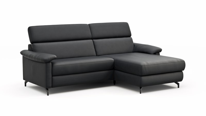 Ecksofa Paulina - 1-Sitzer mit Longchair rechts, Kopfteil verstellbar, Leder, Schwarz