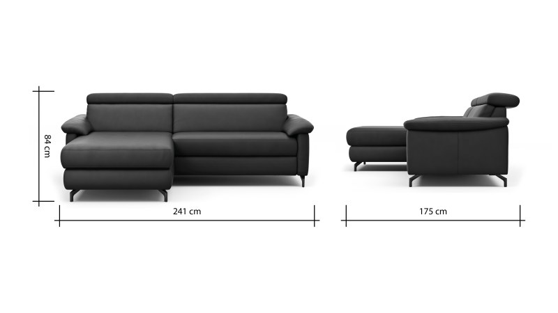 Ecksofa Paulina - Longchair links mit 1-Sitzer, Kopfteil verstellbar, Leder, Schwarz