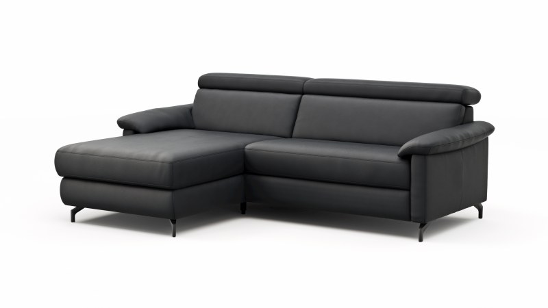 Ecksofa Paulina - Longchair links mit 1-Sitzer, Kopfteil verstellbar, Leder, Schwarz