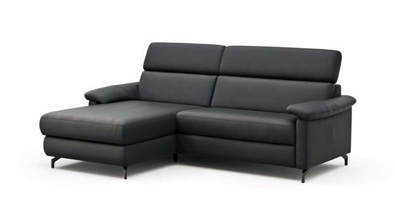 Ecksofa Paulina - Longchair links mit 1-Sitzer, Kopfteil verstellbar, Leder, Schwarz